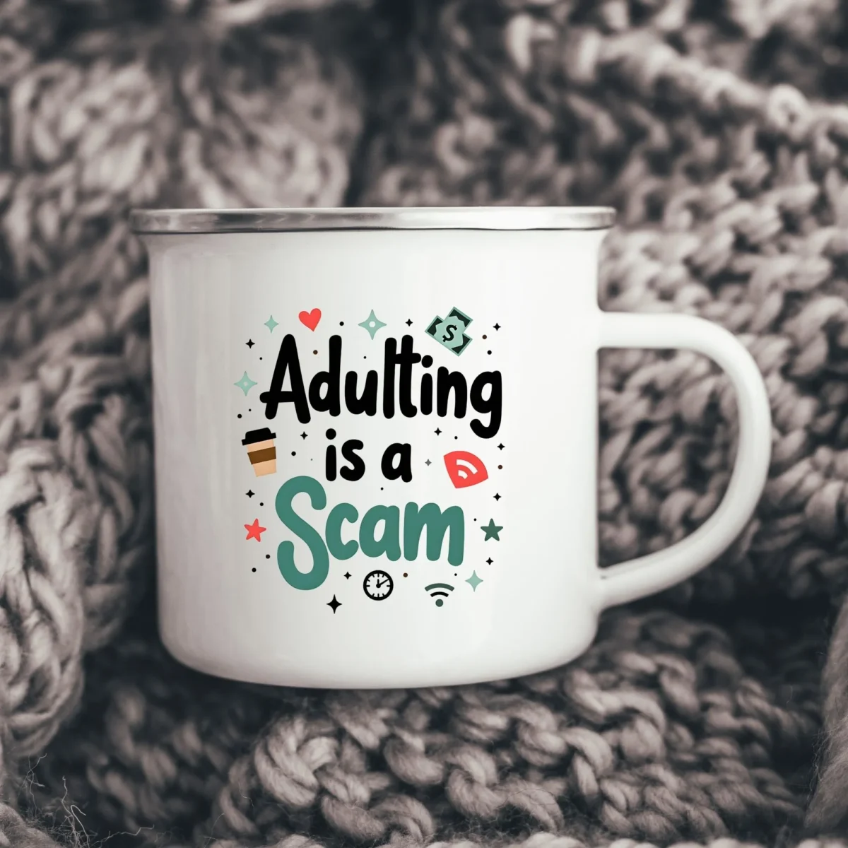 Adulting Is a Scam Enamel Camping Mug - Image 5