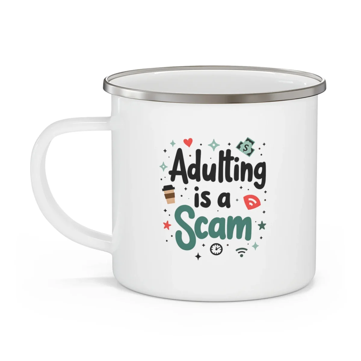 Adulting Is a Scam Enamel Camping Mug - Image 4