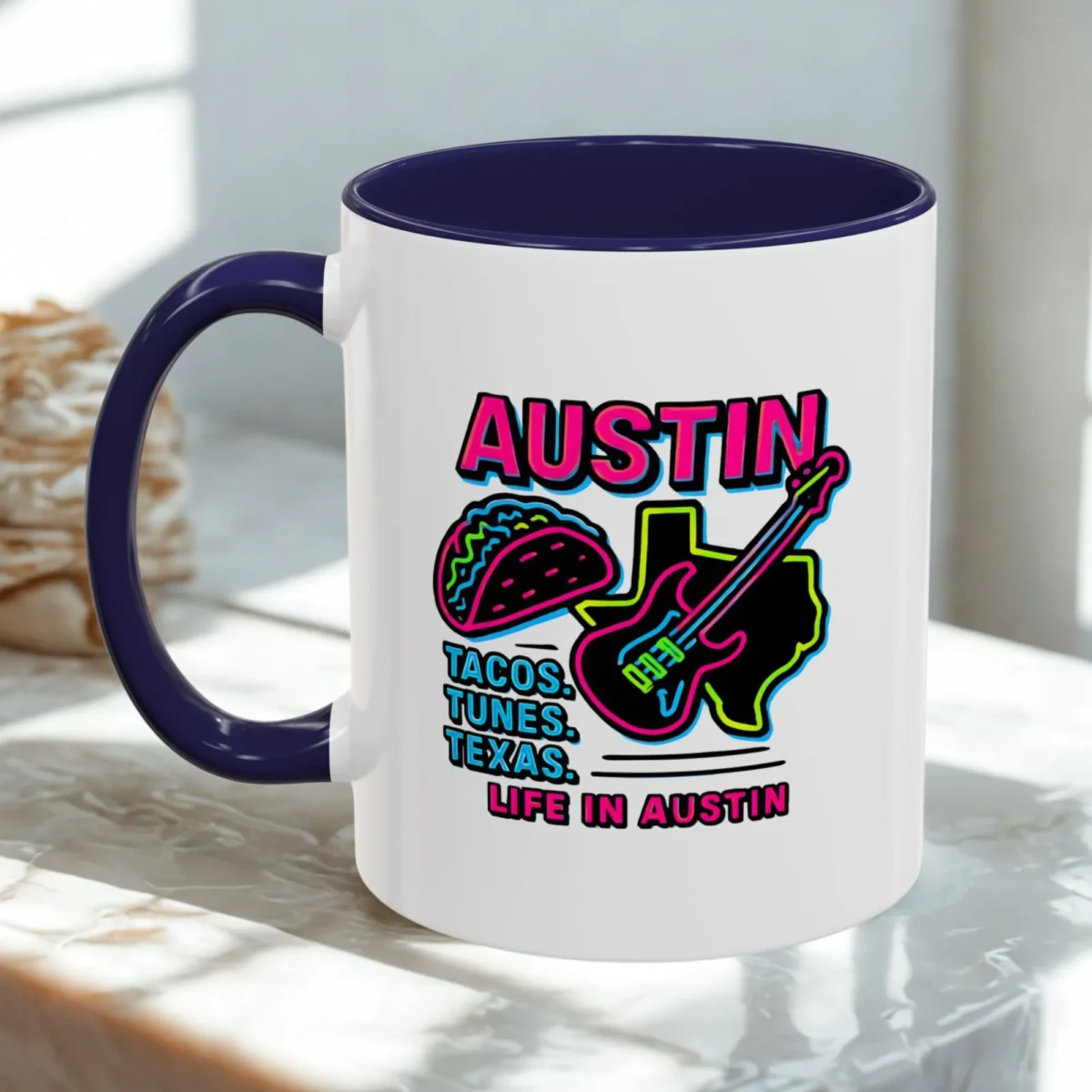 Austin Neon Coffee Mug – Texas Tacos and Tunes Mug - Image 2
