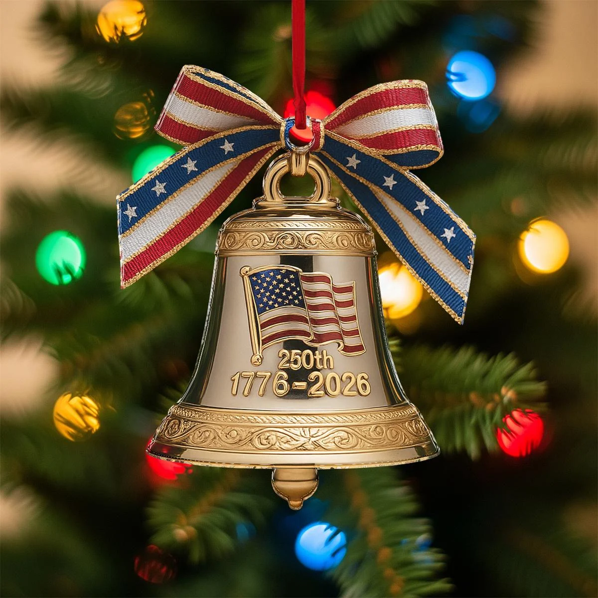 bell (1) American Liberty Bell Ornament – 250th Anniversary Decoration – Gold Patriotic Christmas Bell With US Flag Bow 1776–2026 USA Gift - Image 1