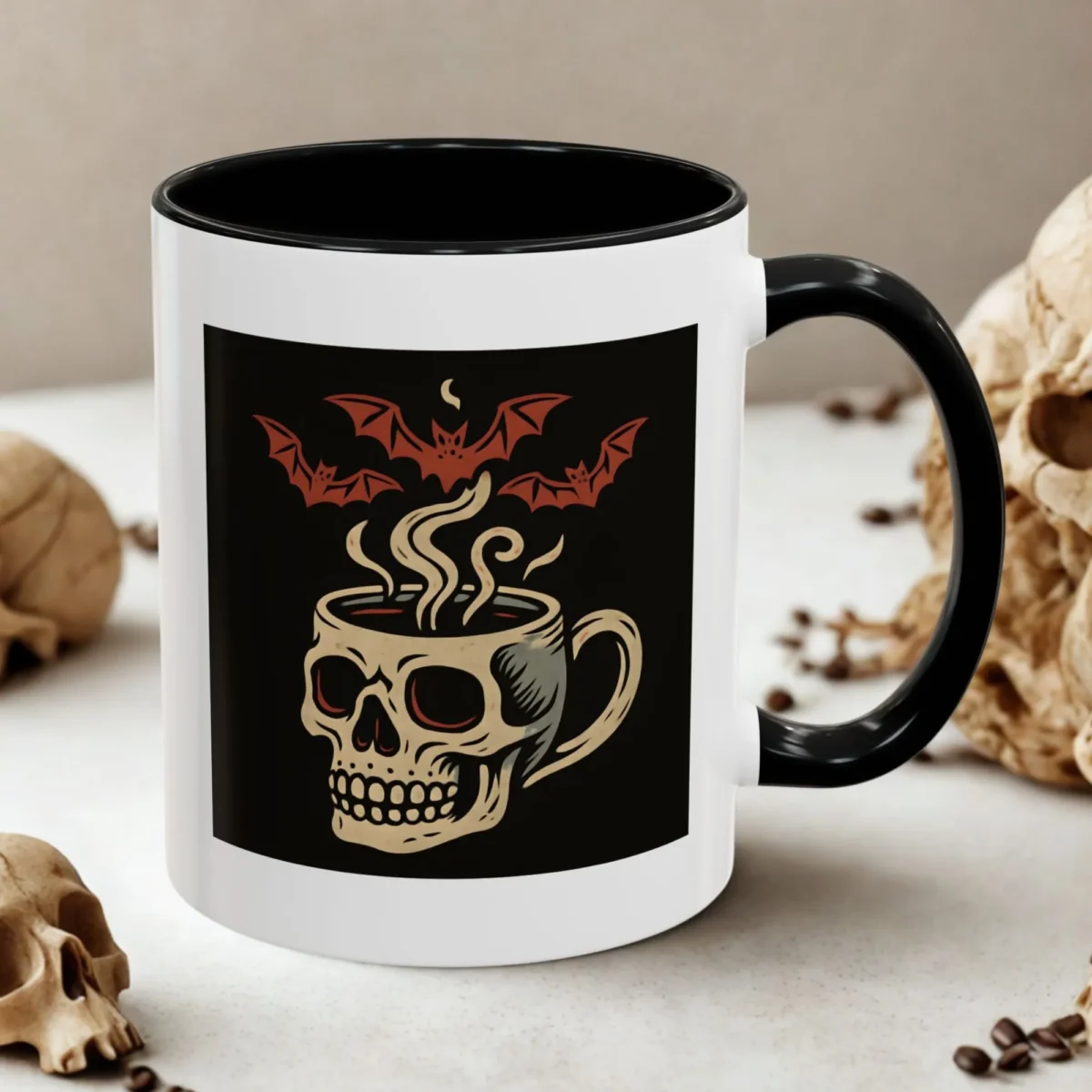Creepy Skull Coffee Mug – Spooky Halloween Coffee Cup with Bats - Image 2