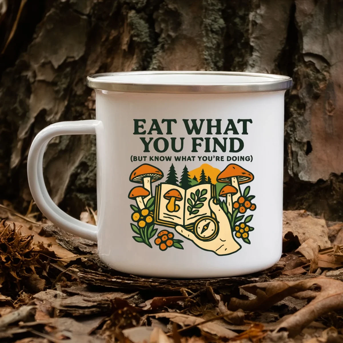 Eat What You Find Mushroom Foraging Enamel Mug - Image 2