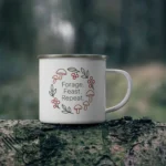 Forage Feast Repeat Enamel Mug – Minimalist Mushroom & Berry Design - Image 4