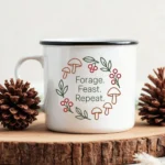 Forage Feast Repeat Enamel Mug – Minimalist Mushroom & Berry Design